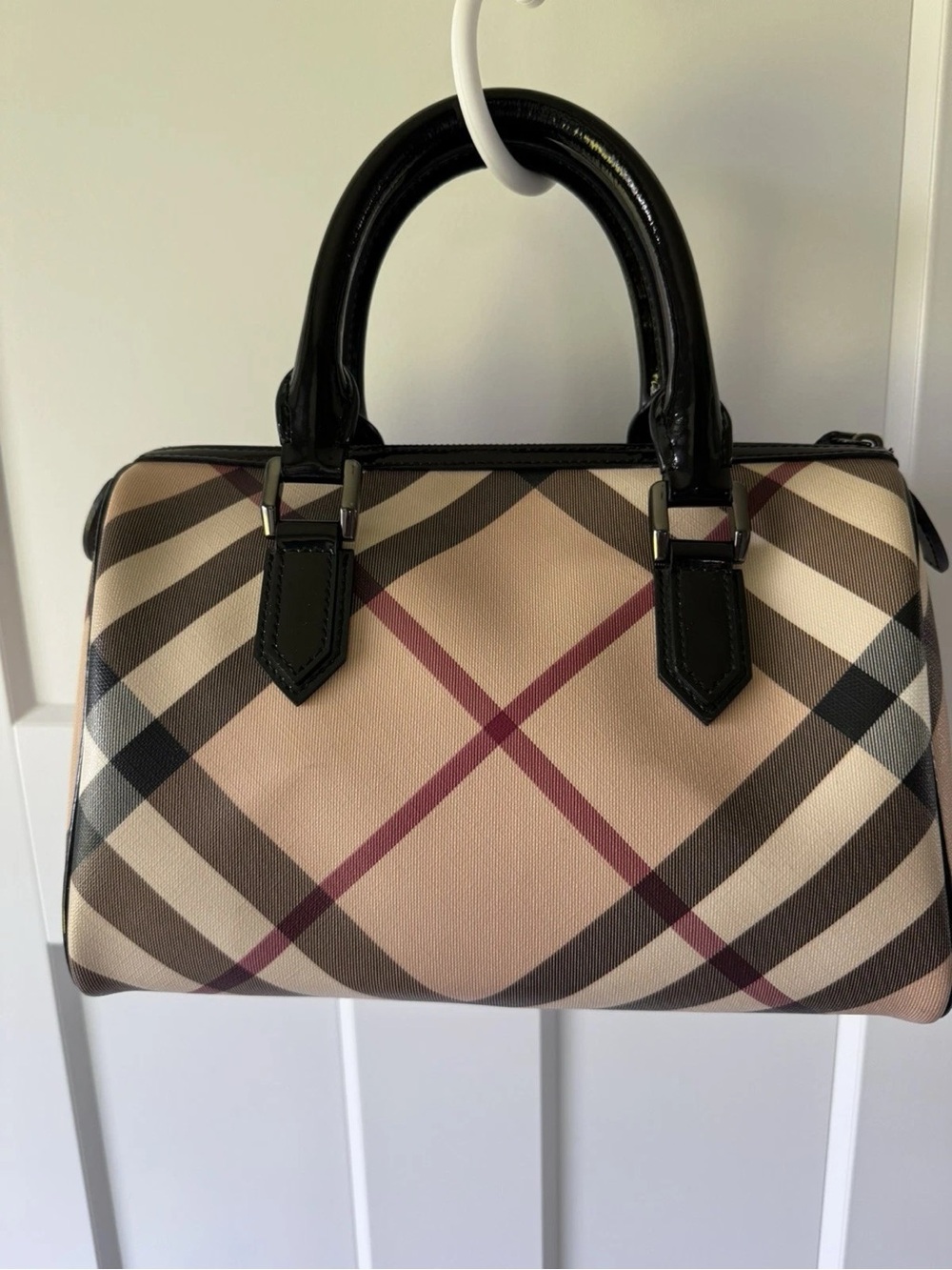Burberry Beige Check Satchel with Black Patent Handles and Maroon Accents